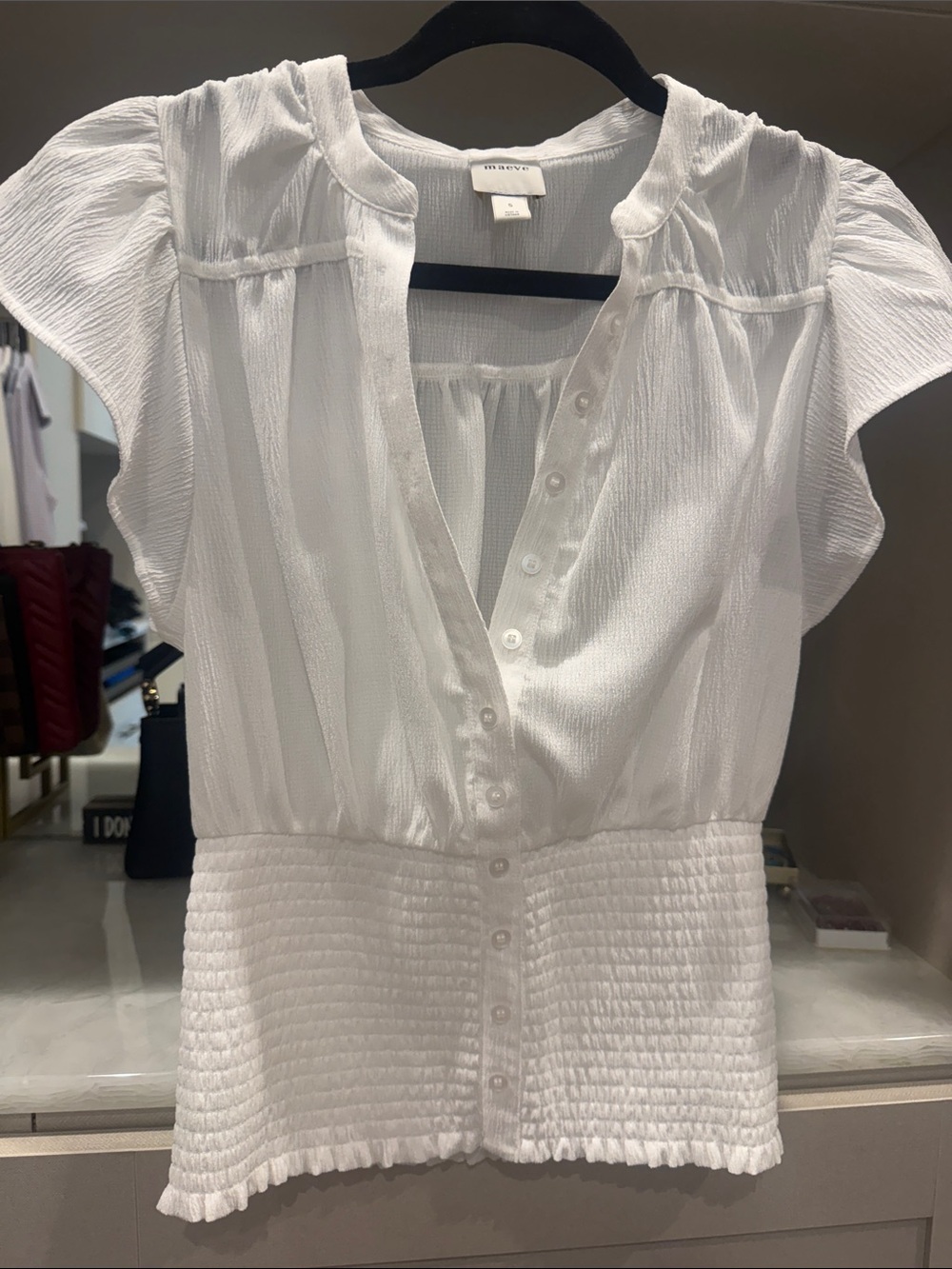 Anthropologie (Maeve) White Button-Front Ruffled Peplum Blouse